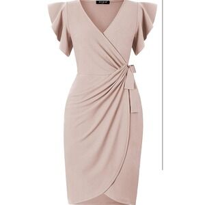 Oten Womens Deep V Neck Ruffle Sleeve Sheath Casual Cocktail Party Work Faux. S